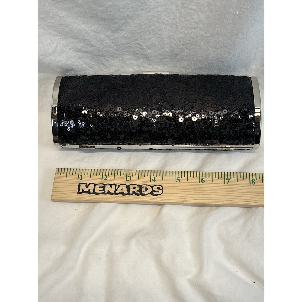 WHBM White‎ House Black Market Sequin Evening Hinged Clutch w Chain Strap  Black - Picture 3 of 8